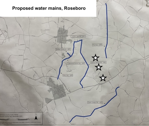 Homes near Sampson County landfill on bottled water after PFAS detections This map shows the areas in Roseboro and the unincorporated Snow Hill community that could be connected to public water. Sampson County received $4.1 million in stand funds for public water connections. The blue lines are the roads where the lines could run; the white stars represent the three landfills that make up the larger county disposal complex. (Map: Sampson County Public Works)