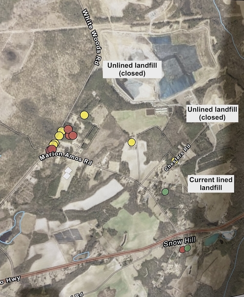 Weekend reads: The value of a degree, Chancellor eyes future, voter rolls look different and more A map hows the private drinking water wells that have been sampled near the Sampson County landfill near the Snow Hill community. The six red dots indicate wells with PFAS levels above the EPA's proposed drinking water standards. Yellow dots signify PFAS were detected but not above those proposed standards. Green means no PFAS were detected. There are two old unlined landfills and a lined operating landfill in this community along Highway 24 in Roseboro.