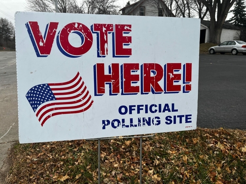 LIVE Coverage: Election Day 2022 A vote here sign, pictured on Nov. 8, 2022 at the All Souls Church on Cliff Avenue in Sioux Falls, South Dakota.