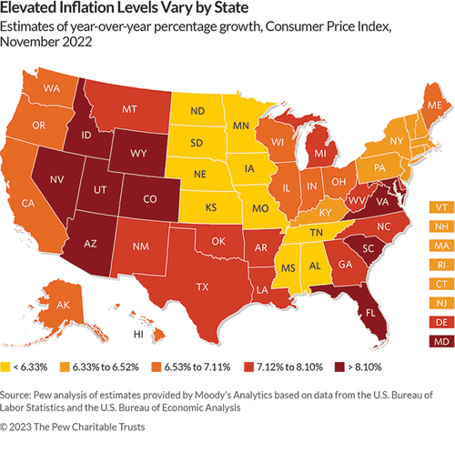 Elevated inflation raises risk of fiscal stress for states Map of inflation rates for all 50 states.