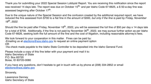September special session leads to $24,000 in fines against 91 Idaho lobbyists for late filings Email to lobbyist