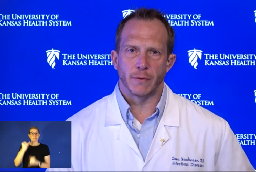 Kansas health experts monitoring COVID-19, flu and RSV trifecta as holiday season arrives Dana Hawkinson, a physician with University of Kansas Health System, said the winter onset of flu combined with COVID-19 and an challenging form of influenza could put renewed pressure on hospitals, especially to care for people not vaccinated for COVID-19 and the flu. (Kansas Reflector screen capture from KU Health System’s YouTube channel)