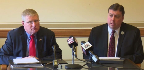 Evers administration projects state surplus to hit $6.5B by next June Joint Finance co-chairs Sen. Howard Marklein and Rep. Mark Born in front of microphones at news conference