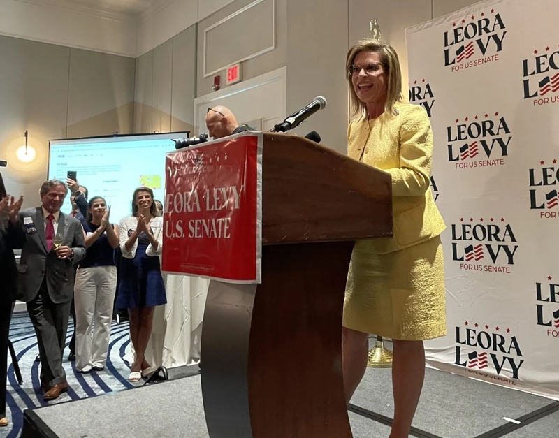 Leora Levy addresses supporters after claiming the Republican nomination for U.S. Senate. Erica Phillips/CT Mirror