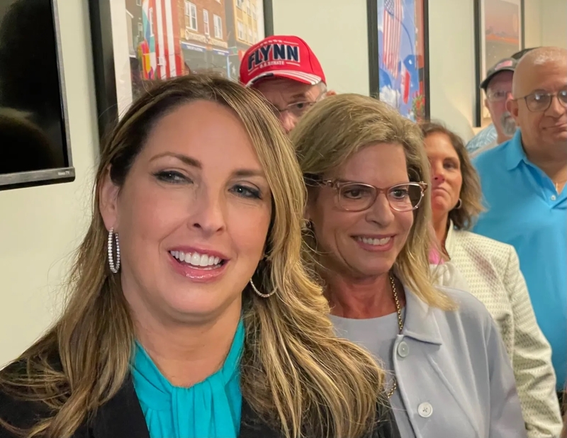 Republican National Chairwoman Ronna McDaniel, left, and Leora Levy waiting to be introduced at a rally Wednesday. MARK PAZNIOKAS / CTMIRROR.ORG
