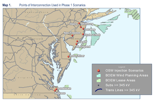 Offshore wind coastal interconnection points identified by PJM in a 2021 study. (Image courtesy of PJM Interconnection)