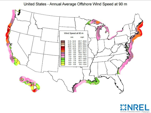 This map shows predicted mean annual wind speeds at 90 meters in height along the U.S. coast. Areas with annual average wind speeds of seven meters per second and greater at that height are “generally considered to have a wind resource suitable for offshore development,” according to the National Renewable Energy Laboratory. (Image courtesy of the National Renewable Energy Laboratory)