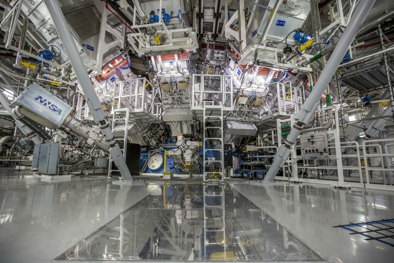 The target chamber of Lawrence Livermore National Laboratory's National Ignition Facility, where 192 laser beams delivered more than 2 million joules of ultraviolet energy to a tiny fuel pellet to create fusion ignition on Dec. 5, 2022. (Lawrence Livermore National Laboratory)