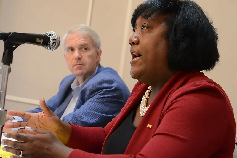 Democratic gubernatorial candidate Brandon Presley and Mississippi Association of Educators President Erica Jones address the concerns of educators during a town hall meeting held at the Hilton Hotel in Jackson, Monday, Sept. 25, 2023. Credit: Vickie D. King/Mississippi Today