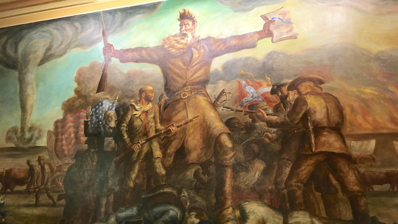 Kansas doesnât have a brand while New York does? Fuhgeddaboudit! Kansas abolitionist John Brown seizes the attention in the middle of John Steuart Curry's famous "Tragic Prelude" mural at the Kansas Statehouse. (Dave Kendall)
